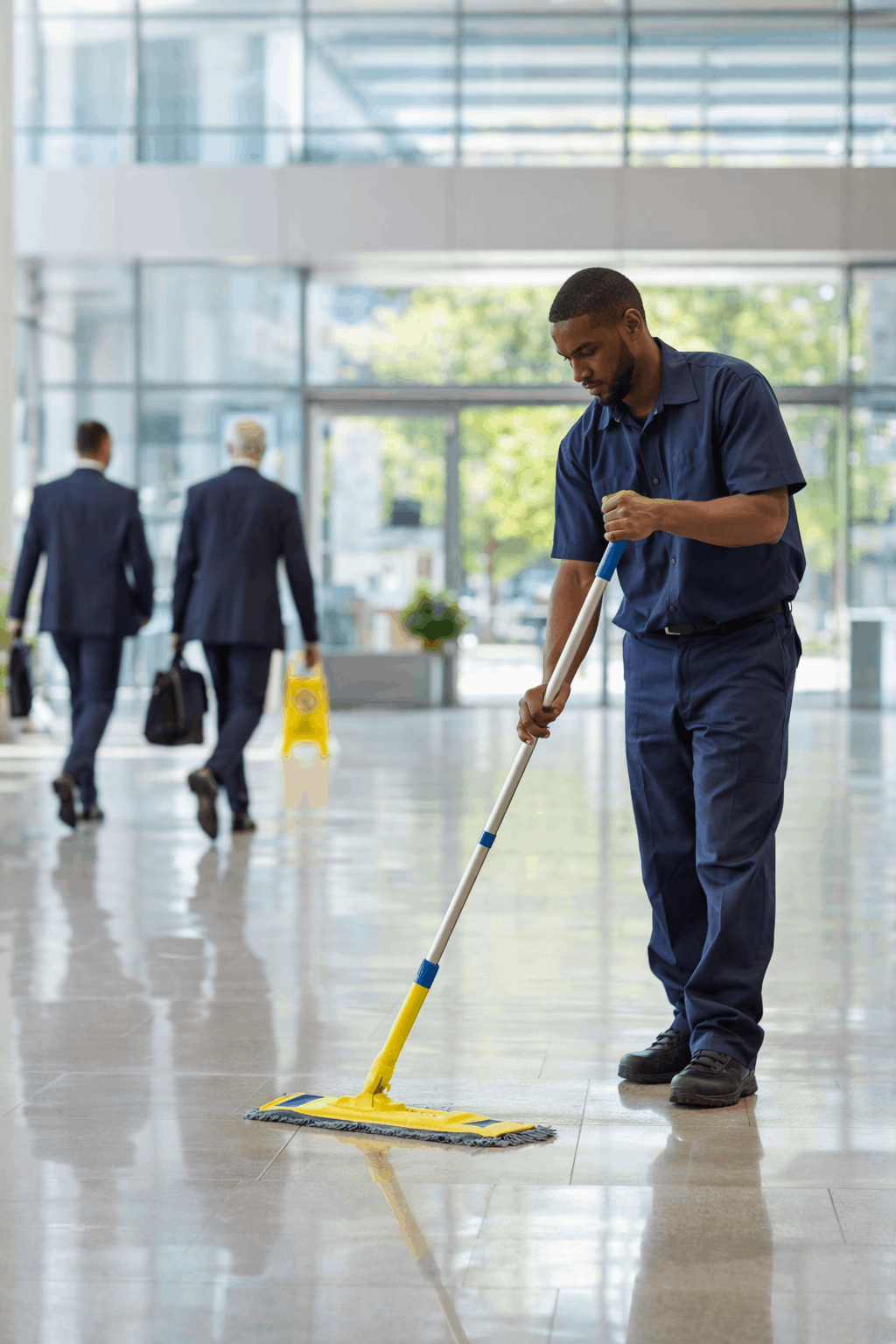day porter service professional restocking supplies in commercial office building restroom