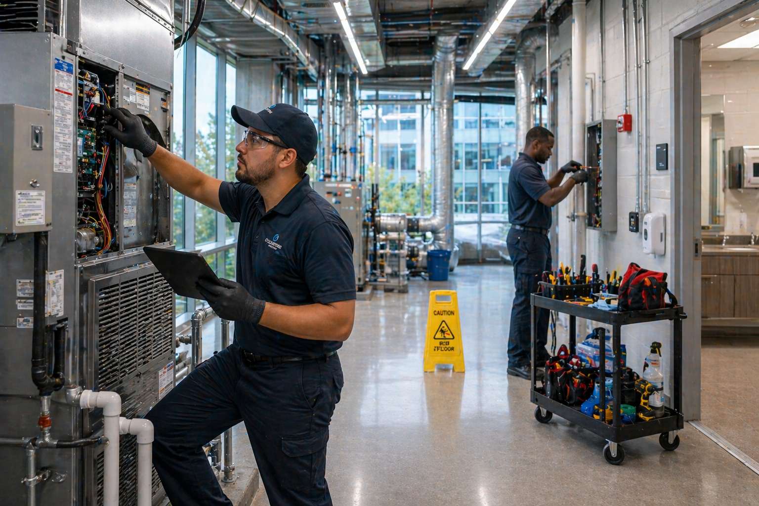 professional commercial cleaning team in modern building