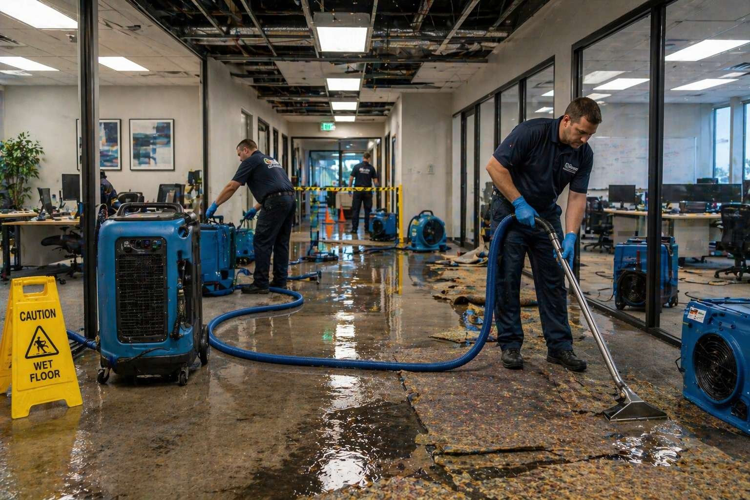 Professional emergency water extraction team responding to facility water damage with mitigation equipment