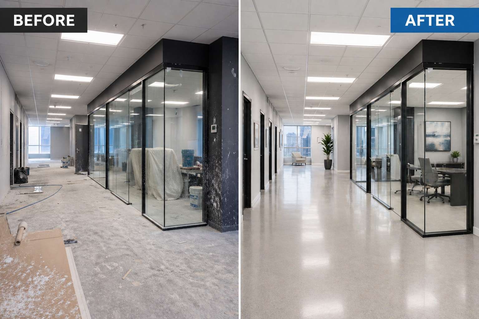 Before and after comparison of commercial building post-construction cleaning transformation