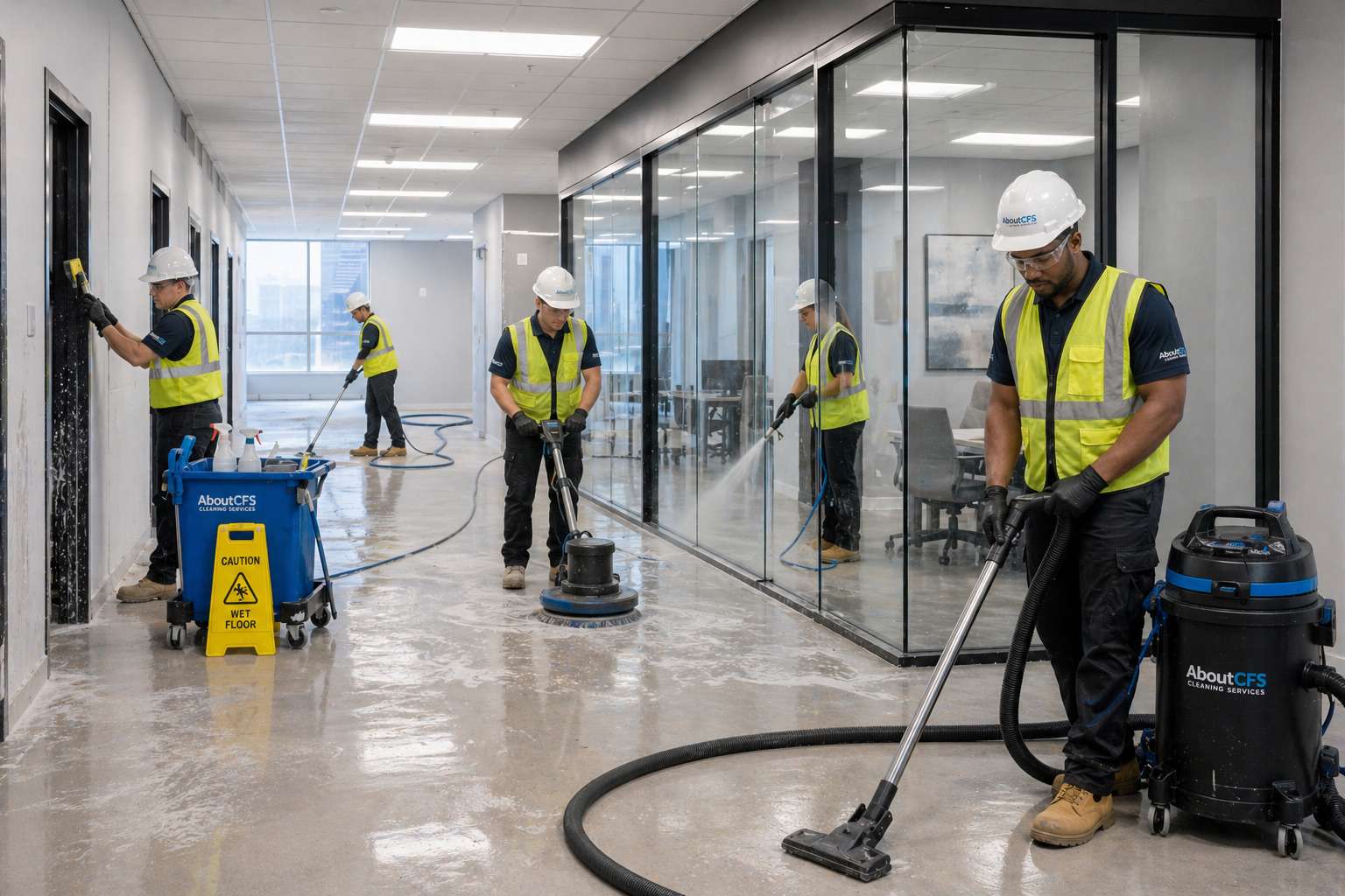 Professional post-construction cleaning team using industrial equipment to clean completed commercial office building
