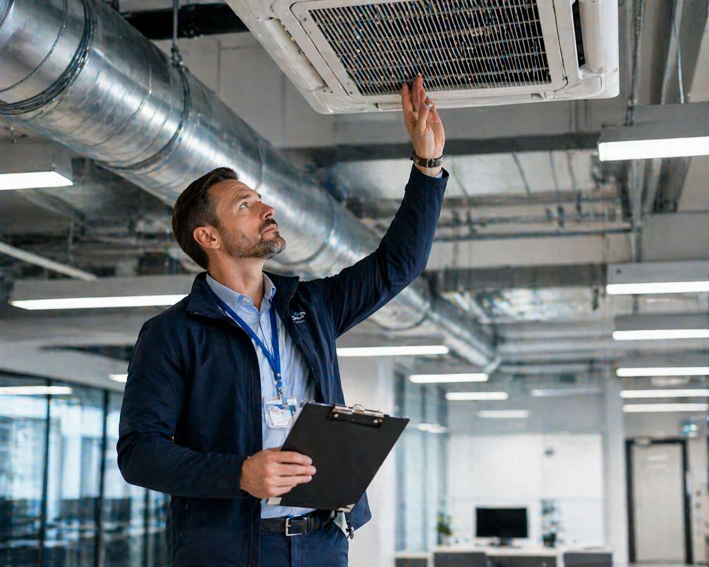 Facility manager inspecting commercial building systems and infrastructure for maintenance