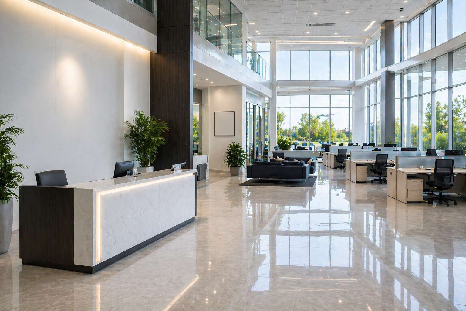 Professionally maintained commercial office facility showcasing cleanliness, organization, and facility management excellence