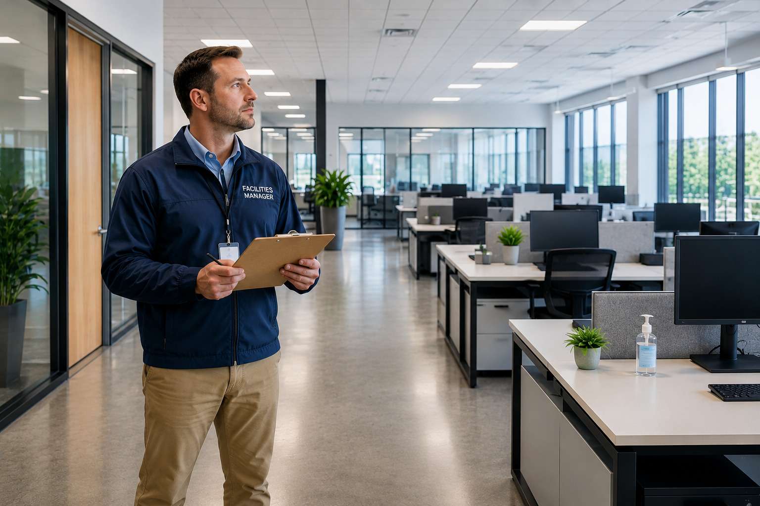 Facilities manager conducting cleaning