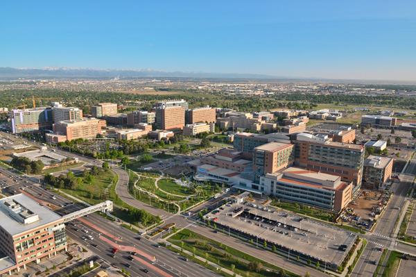 Aerial view of Anschutz Medical Campus with surrounding