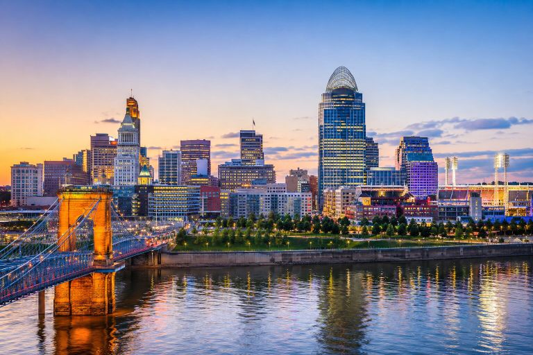 Cincinnati skyline at sunset with river and bridge