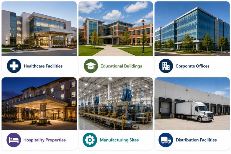 Grid of buildings: healthcare, education, corporate