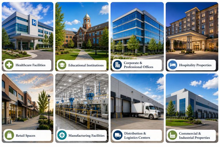 Collage of various facility types with labels and images.