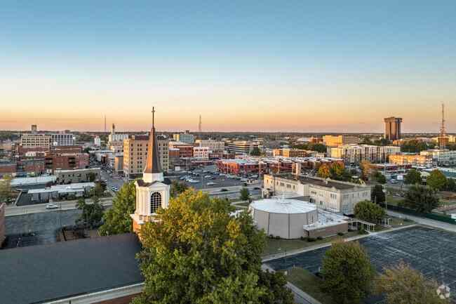 Aerial view of downtown Springfield, IL at sunset.
