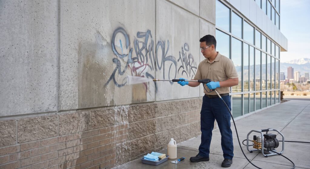 Worker power washing graffiti off building wall.