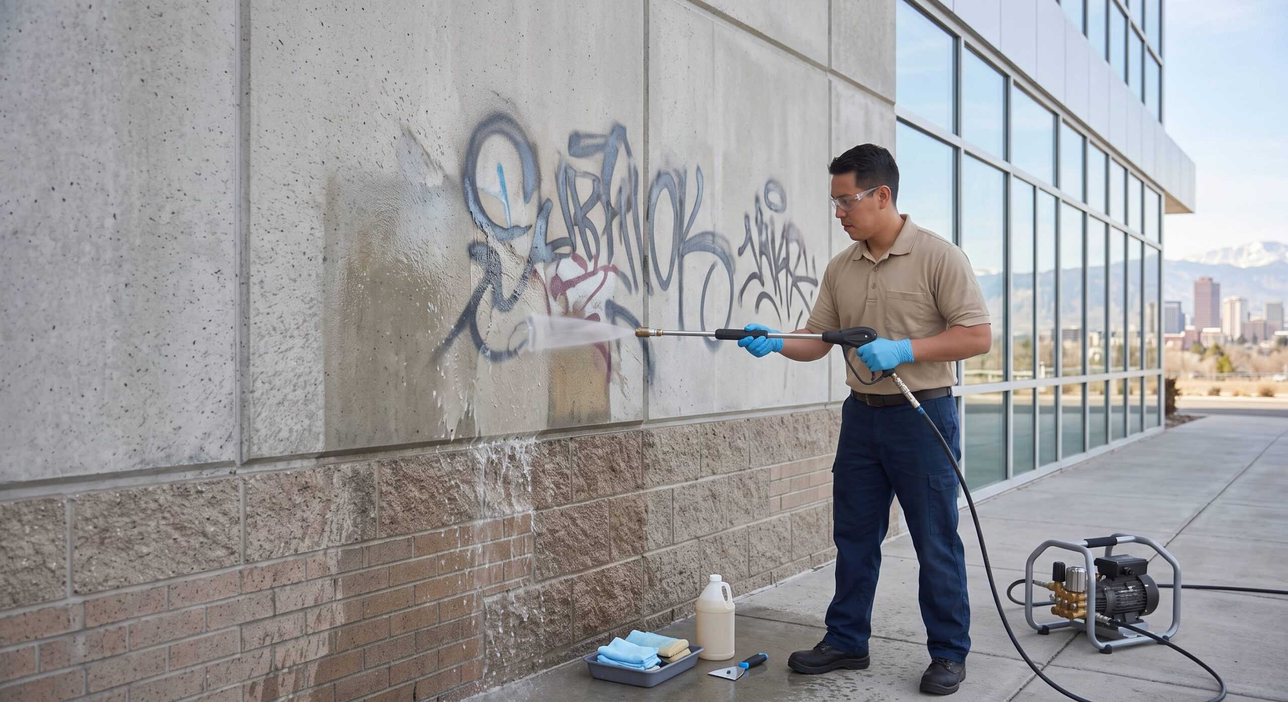 Worker power washing graffiti off building wall.
