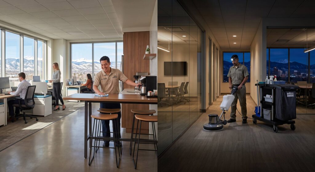 Office cleaning staff working in bright and dimly lit