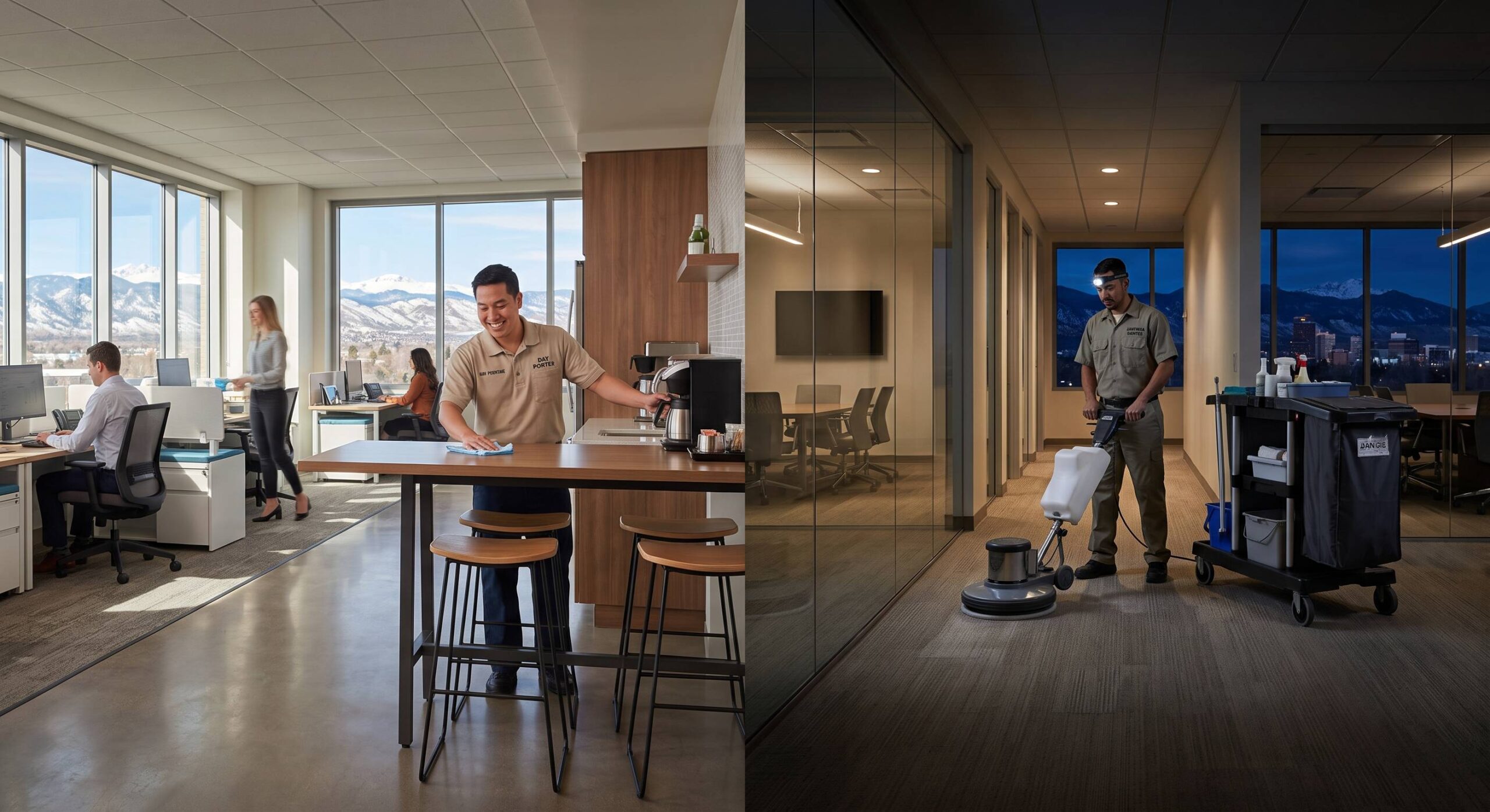 Office cleaning staff working in bright and dimly lit