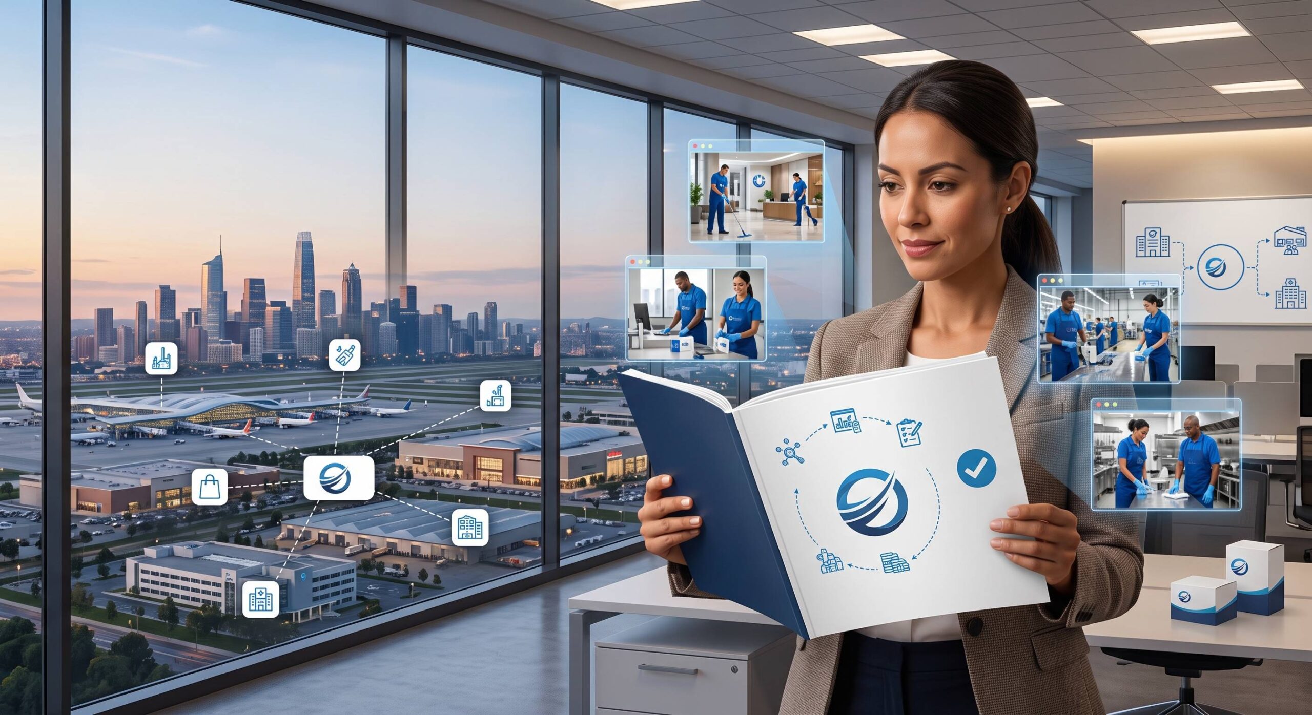 Woman in office reading logistics brochure, cityscape